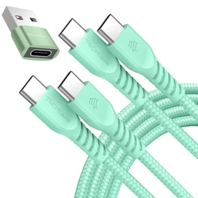 Image of USB C to Charger Cable 60W (1M+1M+Adapter) STRONG Braided Type Fast Charging Data Lead Compatible with iPhone 15, iPad Pro 2022, 10th, MacBook Pro, Samsung A15/S24/S23,Pixel 8