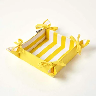 Image of HOMESCAPES Reversible Bread Basket Double Design Fabric Yellow Striped Pattern Foldable for Buns Eggs Baked Goods 100% Cotton Cover