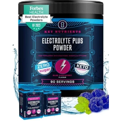 Image of Key Nutrients Electrolytes Hydration Powder Delicious Blue Raspberry Drink Mix 90 Servings Sugar Free, Gluten Zero Calories Keto: Magnesium…