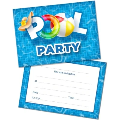 Image of Olivia Samuel Pack of 20 Pool Party Birthday Invitations with Envelopes Ready to Write Designed and Printed in the UK
