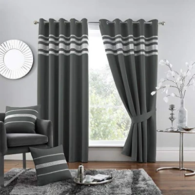 Image of GC GAVENO CAVAILIA Diamante Kendal Blackout Curtains For Bedroom, Eyelet Thermal Insulated Door Curtain, Charcoal, 66X54 Inch