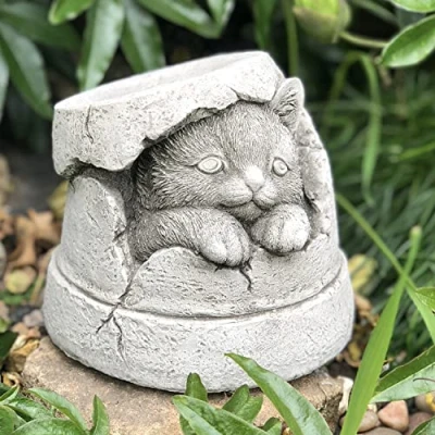Image of ONEFOLD Cat in Broken Plant Pot, Stone Garden Statue Ornament and Sculpture