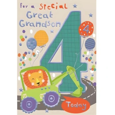 Image of Great Grandson 4th Birthday Card Age 4 Special Finishes Contemporary Design Digger and Lion Illustrated Insert Leaf Made in the UK Eco Friendly