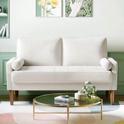 Image of Vesgantti Small 2 Seater Sofa Beige, Comfy Couch with Spring Cushion, Velvet Wood Legs, Modern Love Seat Sofa, for Living Room, Bedroom, Beige Office