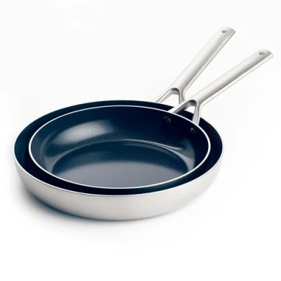 Image of Blue Diamond Cookware Triple Steel Stainless Reinforced Ceramic Nonstick 2 Piece Frying Pan Skillet Set, 24 cm and 26 cm, Tri Ply, PFAS Free, Multi Clad, Induction, Oven Safe, Silver