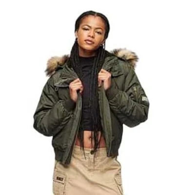 Image of Superdry Women&#039;s Military Hooded Ma1 Bomber Jacket, Deepest Khaki, UK 12