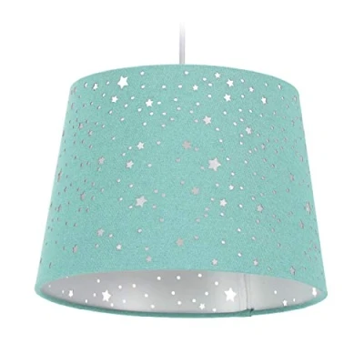 Image of Relaxdays Children’s Hanging Lamp with Star Design, Kids’ Ceiling Light, Round Fabric Lampshade, Mint, Iron