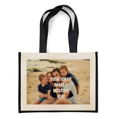 Image of Personalised with your own Image/Text/Any Name themed canvas shopping Jute Bag. (Black)