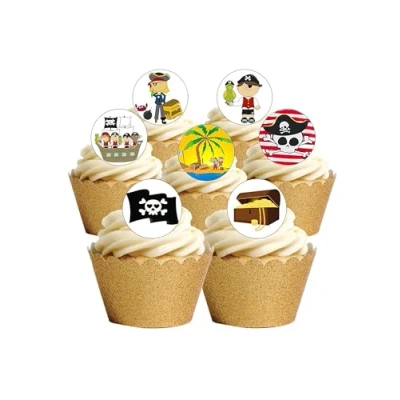 Image of 24 PRE Cut Pirate Themed Edible Wafer Paper Round Cake Toppers Decorations