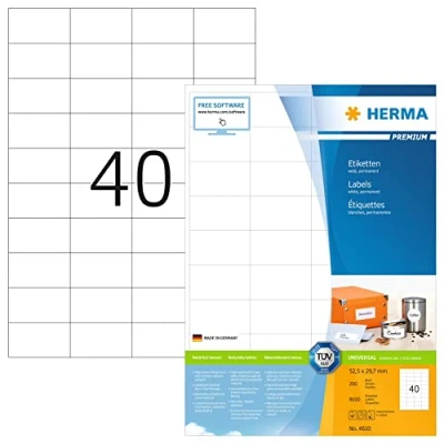 Image of HERMA Self Adhesive Multipurpose Labels, 40 Labels per A4 Sheet, 200 Sheets, 52.5 x 29.7 mm, 8000 Blank Universal Stickers, Sticky for Laser &amp; Inkjet Printer, White