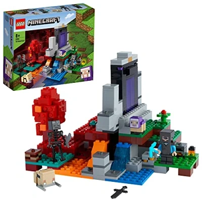 Image of LEGO 21172 Minecraft The Ruined Portal Building Toy with Steve and Wither Skeleton Figures, Gift Idea for 8 Plus Year Old Kids, Boys &amp; Girls