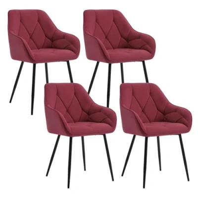 Image of WOLTU Set of 4 Dining Chairs Kitchen Upholstered Living Room with Backrest, Armrests, Metal Legs, Ergonomic for Lounge, Office, Dressing Table Chairs, Velvet, Burgundy