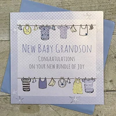 Image of White Cotton Cards G14 GS &quot;New Baby Grandson Congratulations On Your New Bundle of Joy!&quot; Handmade Card Blue