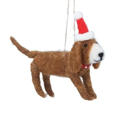 Image of Gisela Graham Mixed Wool Brown Dog with Santa Hat Decoration