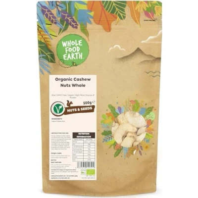 Image of Wholefood Earth Organic Cashew Nuts Whole 500g Raw GMO Free Vegan High Fibre Source of Protein Certified