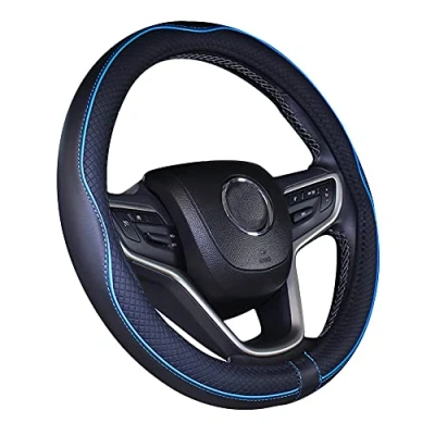 Image of Istn Microfiber Leather Car Steering Wheel Cover Universal 15 inch/38cm Breathable Anti slip Protector for Auto/SUV (Black Blue)