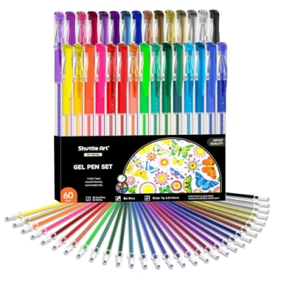 Image of Shuttle Art 60 Pack Gel Pens, 30 Coloured Pen Set Plus Refills, Including Metallic, Pastel, neon, Glitter Pens for Adults Colouring Books, Kids Drawing Writing Journaling