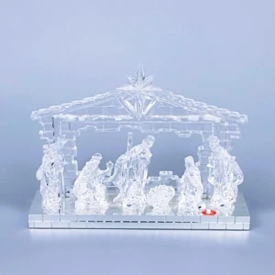 Image of SHATCHI 30cm Christmas Pre Lit LED Musical Nativity Scene Acrylic Sculpture Battery Operated Light Up Xmas Tabletop Home Decorations, Star Ice White