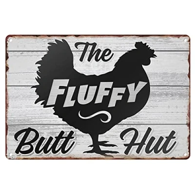 Image of Metal Tin Sign Vintage Fluffy Butt Hut Hen Chicken for Coop, Farmhouse, Garden Wall Decor 12x8 Inches