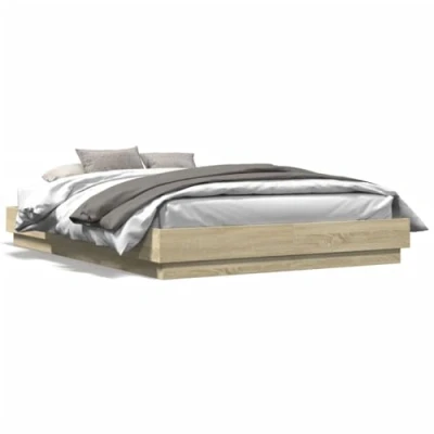 Image of vidaXL King Size Bed Frame with RGB LED Lights Engineered Wood, Sonoma Oak, 150x200 cm Plywood Slats, USB Powered