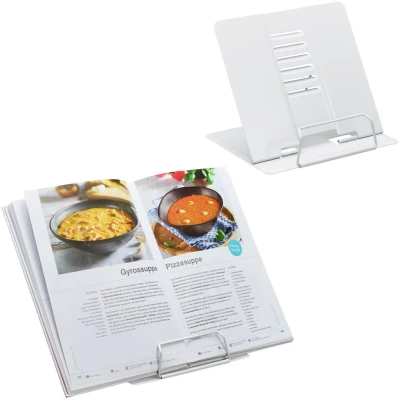Image of Relaxdays Book Stand, Set of 2, Cookbook Holder, Height Adjustable, for Reading, Kitchen Recipe Support, Steel, White