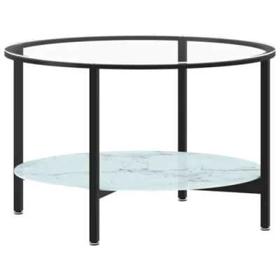 Image of vidaXL Black and White Marble Tempered Glass Tea Table Round, Contemporary Design with Sturdy Iron Frame &amp; Two Tier Storage Shelf