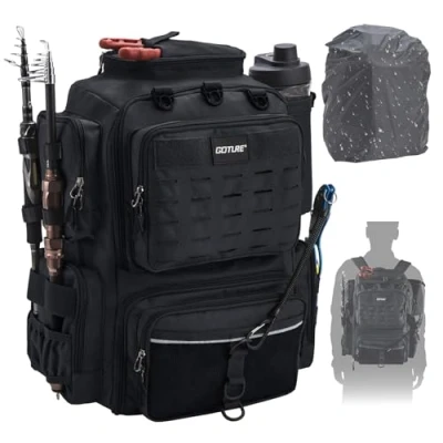 Image of Goture Fishing Backpack with Two Rod Holders &amp; Rain Cover, Water Resistant Tackle Bag Adjustable Compartment 8 Lure Bag, 45L Backpack, Gifts for Men, Black