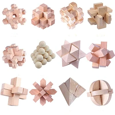 Image of Coriver 12Pcs Wooden Brain Teaser Puzzle Logic Puzzles, IQ Games Test Challenge Toy 3D Interlocking Puzzles Disentanglement Game for Kids Teenager Adults