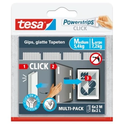 Image of tesa Powerstrips Click Self Adhesive Hook and Loop Strips with On &amp; Off System for Attachment of Picture Frames Wall Decorations Without Drilling 6 x 2 M, 8 L