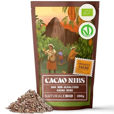 Image of Organic Raw Cacao Nibs 200g. Peruvian, Natural and Pure. Made in Peru from the Theobroma Plant. Source of Magnesium, Potassium Iron. NaturaleBio