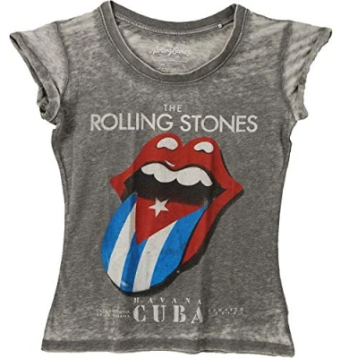 Image of The Rolling Stones Women&#039;s Havana Cuba T shirt Burnout Charcoal, Grey, Skinny Fit Large (UK 12 14)