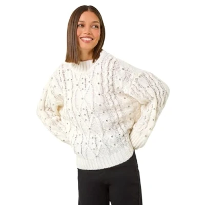 Image of Roman Originals Diamante Cable Knit Jumper for Women UK Ladies Everyday Autumn Winter Funnel Neckline Comfy Soft Evening Vacation Work Party Night Out Ivory Size 12