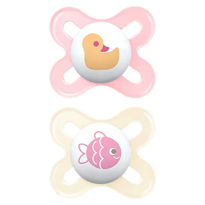 Image of MAM Original Start Soother 0 2 Months (Set of 2), Baby Made from Sustainable Material, SkinSoft Silicone Teat, with Case, Pink (Designs May Vary)