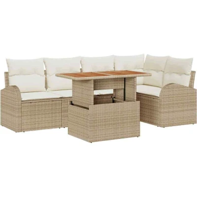 Image of vidaXL 6 Piece Garden Sofa Set with Cushions Beige Poly Rattan