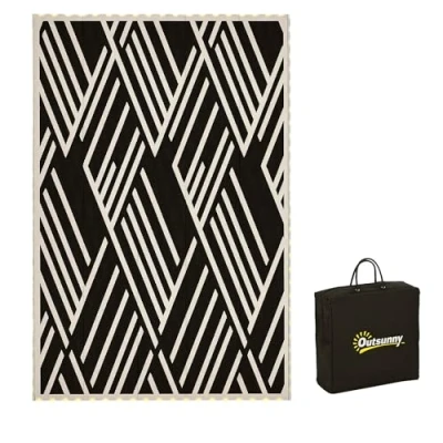 Image of Outsunny Reversible Outdoor Rug with LED String Lights, Waterproof Plastic Straw Mat Carry Bag for Garden, Deck, RV, Picnic, Beach, Camping, 182 x 274cm, Black and Coffee