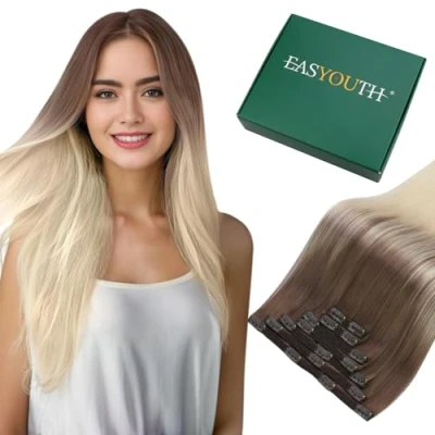 Image of Easyouth Clip in Human Hair Extensions Ombre Real Light Brown to Platinum Blonde Balayage 14 Inch 70g 7Pcs