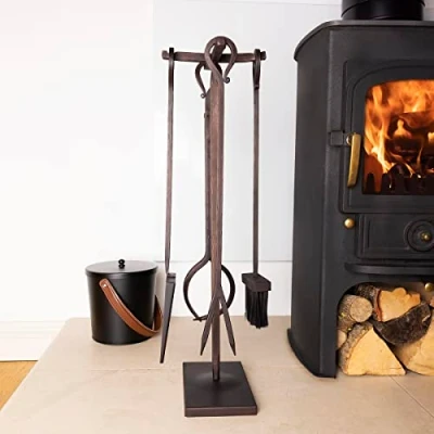 Image of CHARLES BENTLEY Companion Tool Set, Snug, Maple, Fireside, Iron, Black, Traditional, Black Stand, Tongs, Poker, Shovel, Brush, Fireplace, Fireplace Tools, Rustic (70x23x22cm)