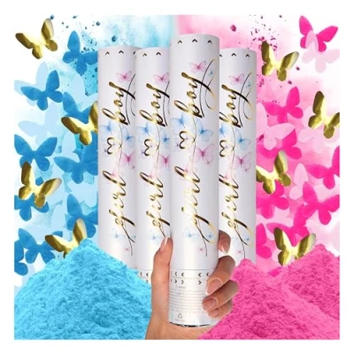 Image of Gender Reveal Confetti Cannon 4 Pk Pink and Blue Butterfly Shape Cannons Smoke for Baby Reveal, Large with Biodegradable Powder