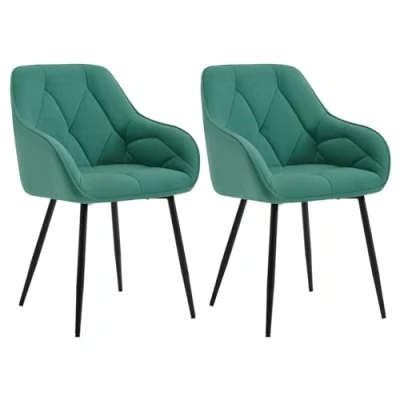 Image of WOLTU Set of 2 Dining Chairs Kitchen Upholstered Living Room with Backrest, Armrests, Metal Legs, Ergonomic for Lounge, Office, Dressing Table Chairs, Velvet, Turquoise