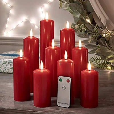 Image of Lights4fun Set of 9 Red TruGlow® Battery LED Flameless Pillar Candles Real Wax Remote &amp; Timer