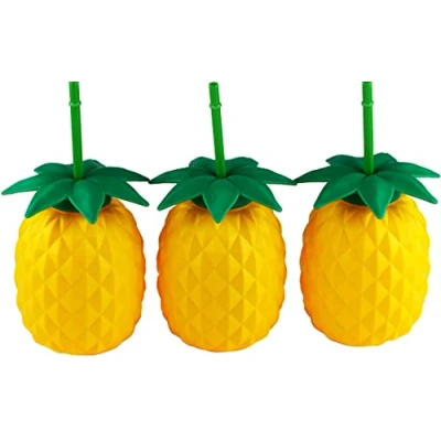 Image of PDTXCLS BWG Set of 3 Pineapple Plastic Novelty Drinking Cups with Reusable Straws
