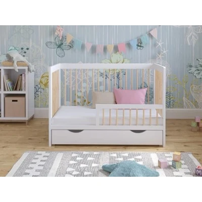 Image of Love For Sleep LUCA Baby Cot Bed 120x60cm with Large DRAWER &amp; Wooden GUARD RAIL FIVE Adjustable Mattress Heights (Cot + Drawer, White/Pine, 120x60cm)