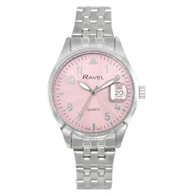 Image of Ravel Plus Women&#039;s 34mm Round 3ATM Calendar Watch with Sapphire Coated Lens and Sunray Dial Japanese Analogue Quartz RPD 005LB Stainless Steel/Pink