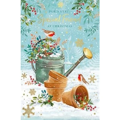 Image of Words N Wishes Special Friend Christmas Card Robin on Watering Can with Foil Finish Eco Friendly