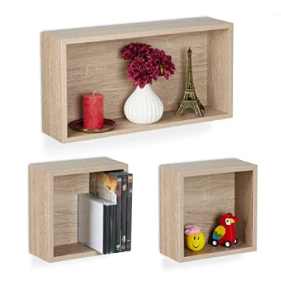 Image of Relaxdays Set of 3 Floating Shelves, Wall Cubes in Wood Look, 2 Sizes, Decorative Display, Rectangular &amp; Square, Natural, Fibreboard, 25 x 49 12 cm