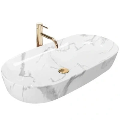 Image of REA U8403 Bathroom Sink Made of Ceramic Cleo 81 Marmo Shiny Stone Imitation U8403, White, Marble