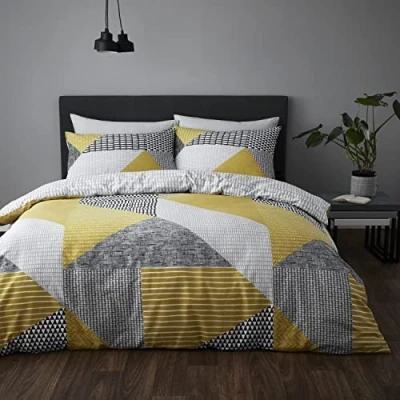 Image of Catherine Lansfield LARSSON GEO OCHRE Duvet Cover Set 160 x 200 + 50 80 cm