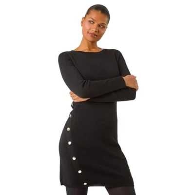 Image of Roman Side Button Detail Knitted Dress for Women UK Ladies Autumn Everyday Winter Holiday Round Neckline Comfy Long Sleeve Soft Bodycon Frock Office Desk Gowns Black Size 20