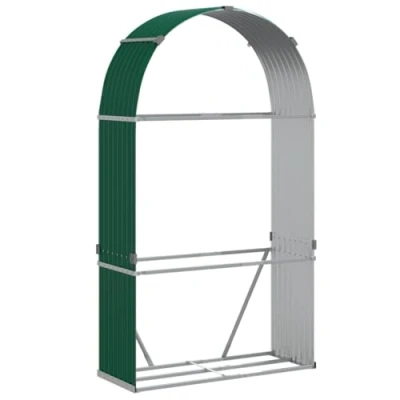 Image of vidaXL Galvanized Steel Log Holder Stand Green Firewood Storage Rack for Fireplace/Wood Burner, Outdoor Wood Organizer with Wall Hooks, 120x45x210 cm