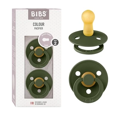 Image of BIBS Colour Soother 2 Pack, BPA Free Dummy Pacifier, Round Nipple. Natural Rubber Latex, Made in Denmark, Size (6 18 Months), Hunter Green